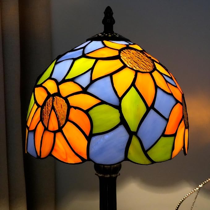 Tiffany Lamp Bedside Table Lamp-Nightstand,Stained Glass Lamp for Bedroom Dorm Living Kitchen, Aesthetic Cute Home Decor Gift (Blue Background Sunflower)