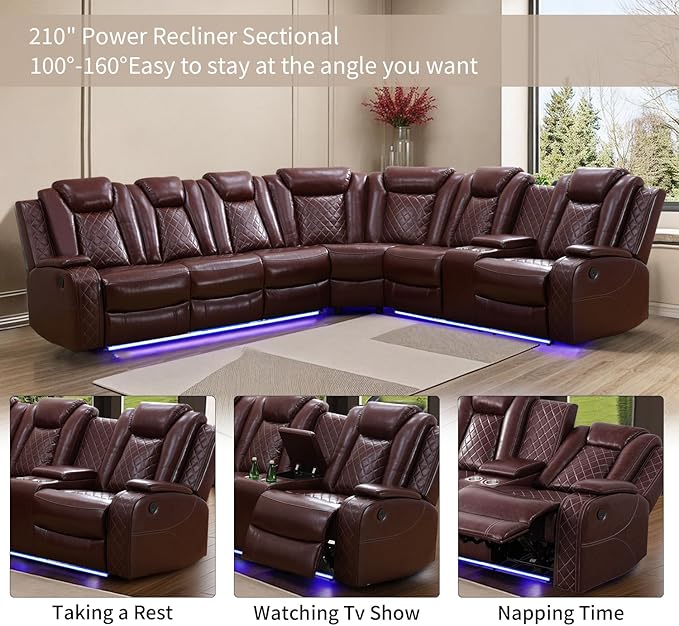 Power Recliner Sofa Sectional Couches with LED Light,Leather Reclining Corner Sectional Sofa with 2 Recliner Seats,Cup Holder,Storage Console for Living Room，Wine