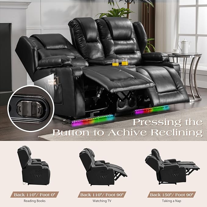 Oprisen Loveseat Power Recliner Sofa Couch Electric Reclining Sofa Chair for Living Room with Multi-Function Console/Cup Holders/LED Ambient Light