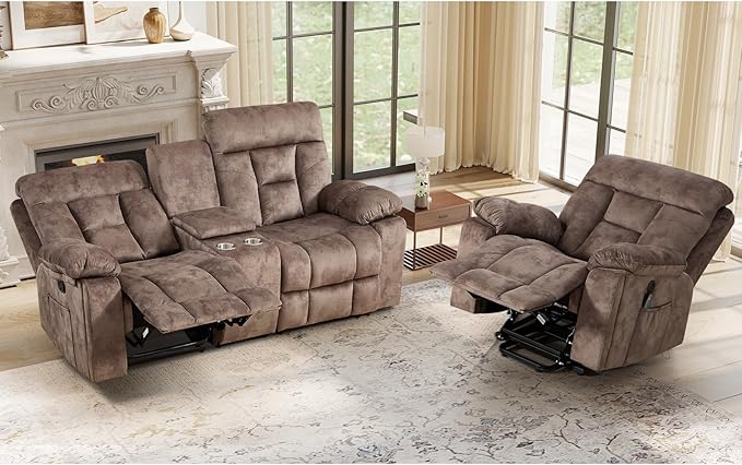 EBELLO 2 Piece Reclining Living Room Set, Soft Fabric Recliner Sofa Set, Included Power Lift Recliner Chair with Massage and Heat and Loveseat, Brown