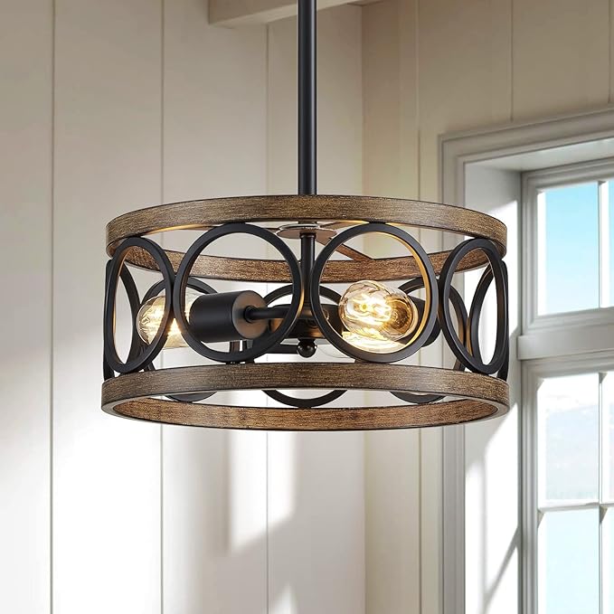 XINGQI Farmhouse Drum Pendant Light Modern 3-Light 13" Chandeliers for Dining Room, Vintage Retro Metal Hanging Light Fixtures for Entryway, Bedroom, Matte Black + Wood Grain Finish