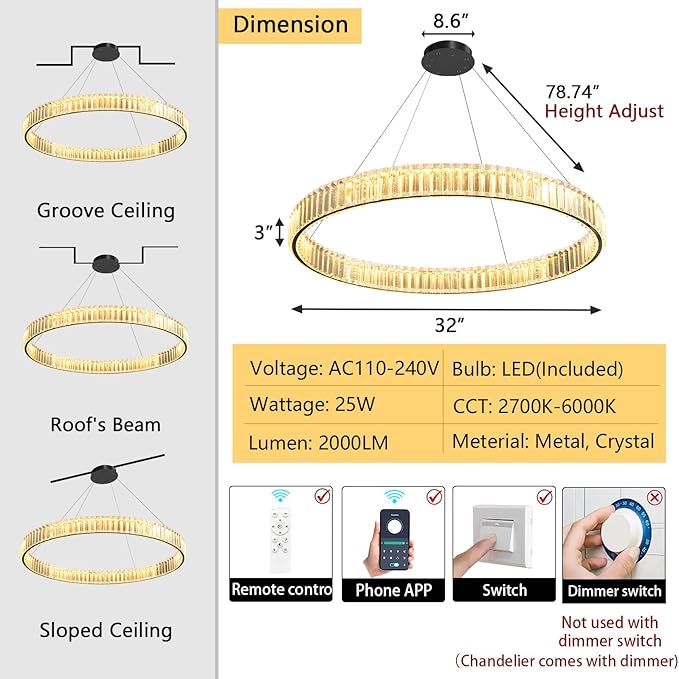 32'' Modern Ring Chandelier Crystal Chandeliers for Dining Room Round LED Dimmable Ceiling Light Fixture for Living Room Bedroom Lighting Black