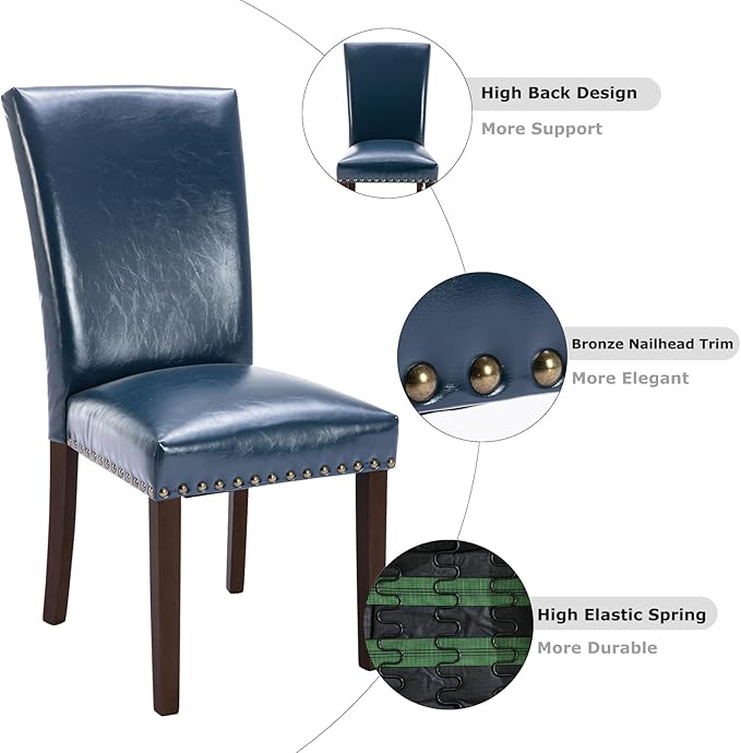 COLAMY Upholstered Parsons Dining Chairs Set of 4, PU Leather Dining Room Kitchen Side Chair with Nailhead Trim and Wood Legs - Blue