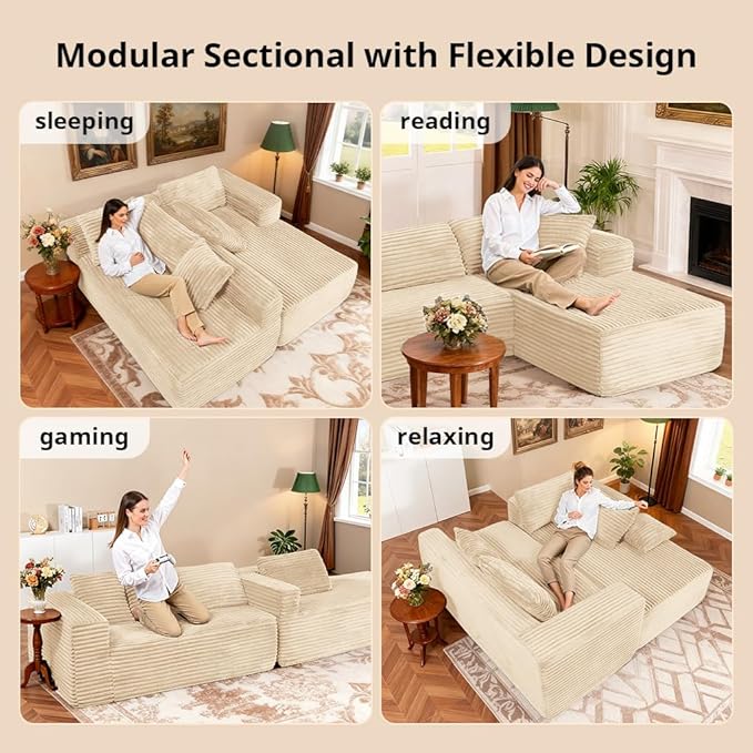 COMHOMA 105”Modular Sectional Sofa with Deep Seat,Cloud Upholstered L-Shape Couch Wide Arms Corduroy Fabric High-Density Foam Chaise Lounge for Living Room No Assembly Required