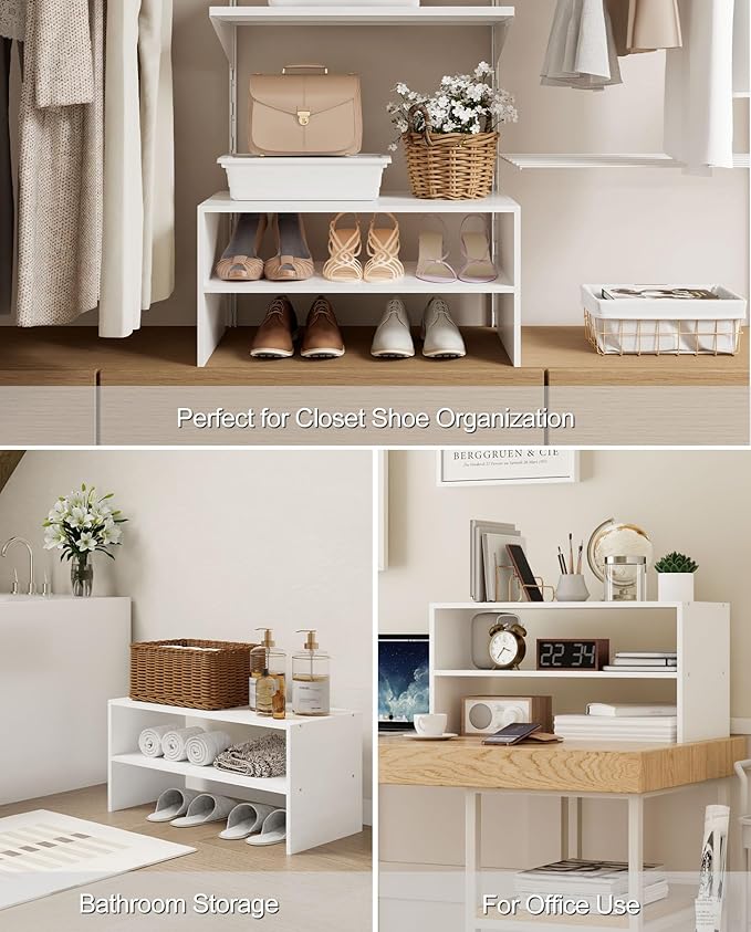 2-Tier Stackable White Shoe Rack, Wooden 2-Shelf Shoe Organizer Freestanding Shoe Storage Stand for 6-9 Pairs, Perfect for Closet, Entryway, Office Use - Modern White