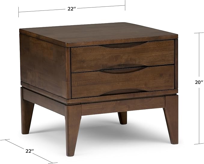 SIMPLIHOME Harper End Table - 22 inch Wide Solid Wood 2 Drawer Side Table in Walnut Brown, Mid Century Modern Accent Table for Living Room with Tapered Legs and Notched Handles