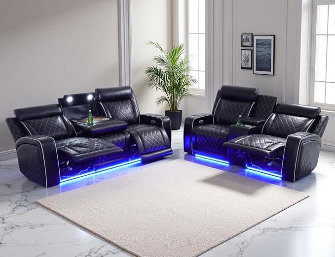 Power Reclining Sofa Set, Home Theater Recliner Sofa & Loveseat with LED, Breathing Leather Reclining Couch Set with Cupholders/Storage/Charging/Head Lamp for Living Room/Office, 3+2, Black