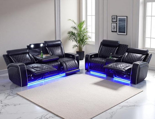 Power Reclining Sofa Set, Home Theater Recliner Sofa & Loveseat with LED, Breathing Leather Reclining Couch Set with Cupholders/Storage/Charging/Head Lamp for Living Room/Office, 3+2, Black