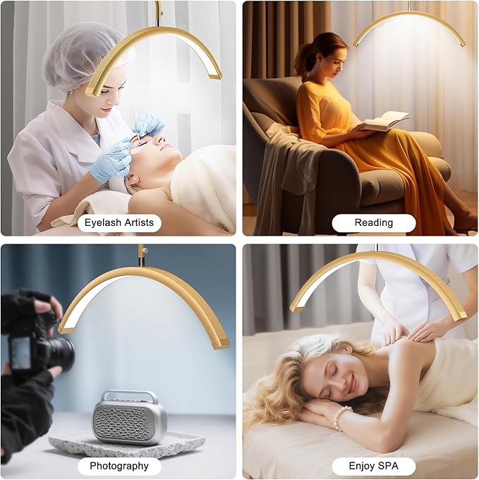 AURELLE Half Moon Lash Light - Adjustable LED Floor Lash Lamp with 4X Magnifier & Phone Holder for Eyelash Extensions,Nail Art,Tattoo,Skincare,Salon SPA-Dimmable Brightness,Rotating Head, Gold