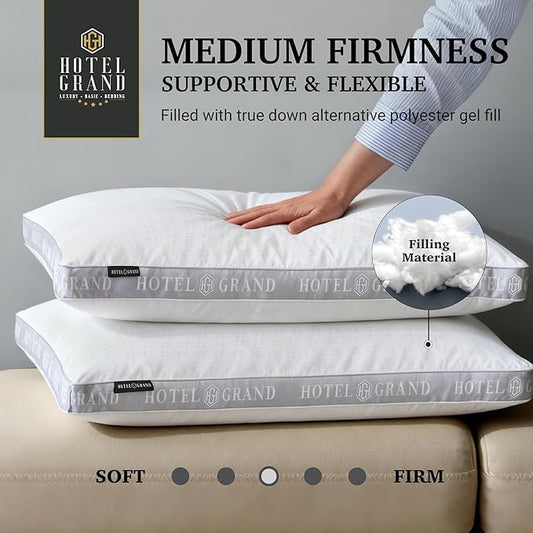 Hotel Grand Bed Pillows King Size Set of 2, 500 Thread Count Cotton Cover, Down Alternative Hotel Pillow for Side, Back, or Stomach Sleepers, Medium Firm Hypoallergenic 18”x34”