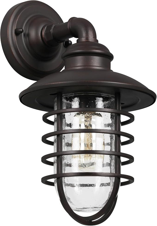 Design House 588970-BRZ Stevenson Rustic Industrial 1-Light Indoor Outdoor Dimmable Wall Light with Clear Seedy Glass and Metal Wire Shade for Kitchen Hallway Bedroom Bathroom Patio, Bronze