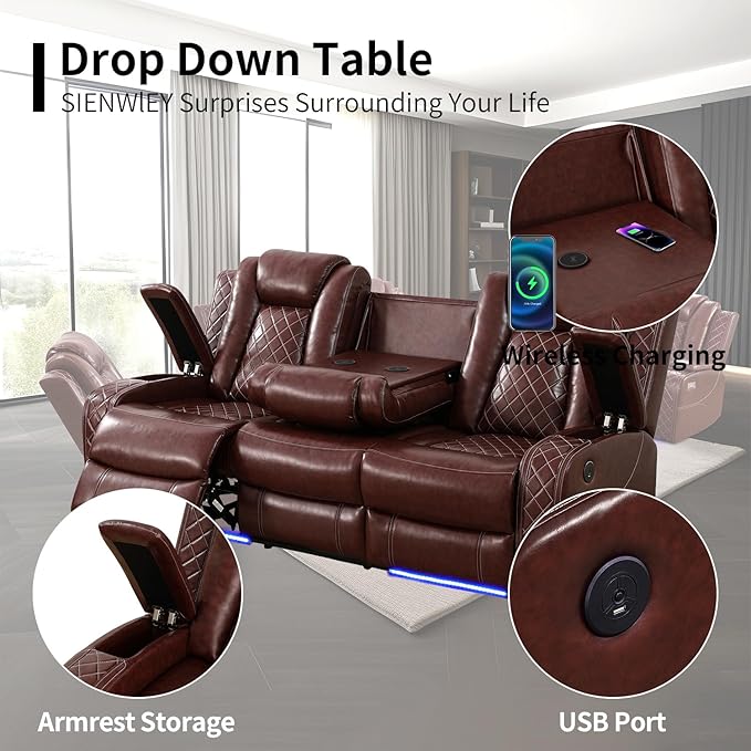 Power Leather Recliner Sofa Set with LED Light,Reclining Sofa and Loveseat,Leather Couch Set for 3 Seats Couch with Coffee Table/Loveseat with Storage Console 2 PCS for Living Room(Red,3+2)