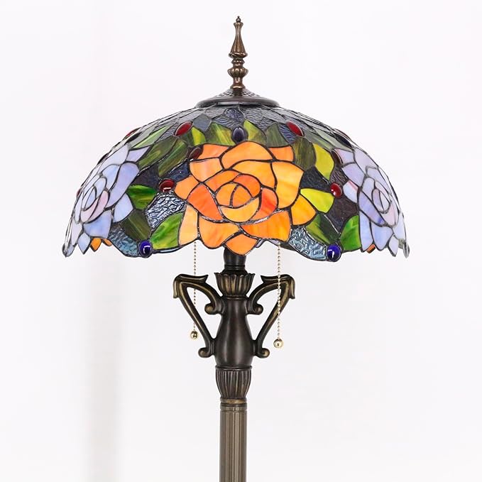 Tiffany Floor Lamp Orange Red Rose Flowers Stained Glass Standing Reading Light 16X16X66 Inches Antique Pole Corner Lamp Decor Bedroom Living Room