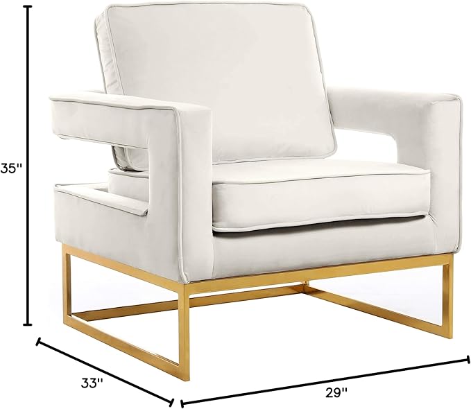 Meridian Furniture Noah Collection Modern | Contemporary Velvet Upholstered Accent Chair with Durable Iron, 33" W x 29" D x 35" H, Cream, Gold Base