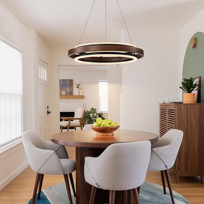 Modern Wooden LED Chandelier, 24" Dimmable Farmhouse Walnut Color Round Dining Room Light Fixtures, 2 Ring Wood Hanging Pendant Light for Kitchen Island Over Table Bedroom Office Living Room