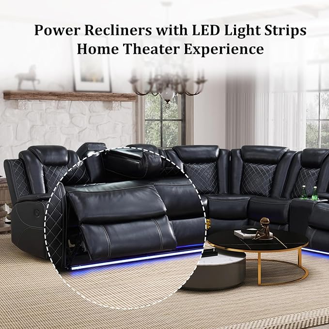 Power Recliner Sectional Sofa Set with Chair, Leather Reclining Couch Set for Living Room, Black Air Leather Recliner Sectional with Storage Console/Cup Holders/USB Ports/LED