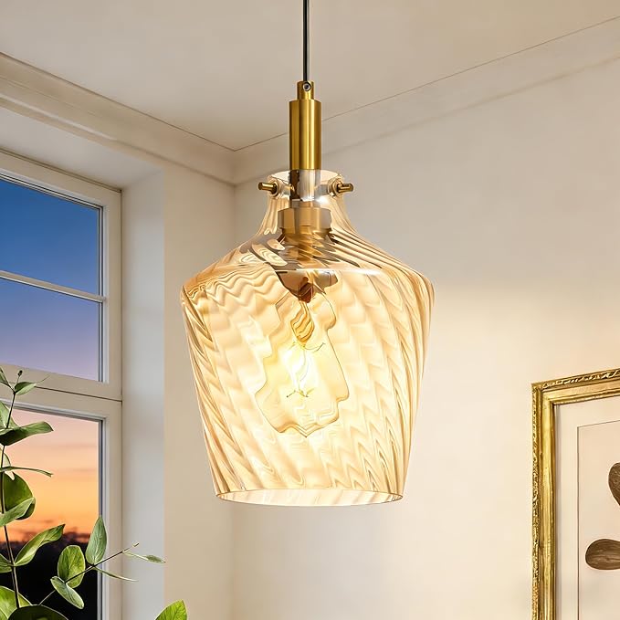 Modern Amber Glass Pendant Light for Kitchen Island 1 Pack, Farmhouse Gold Pendant Light Fixtures Adjustable Hanging Ceiling Light Angled Striped Amber Glass Shades 8 Inch