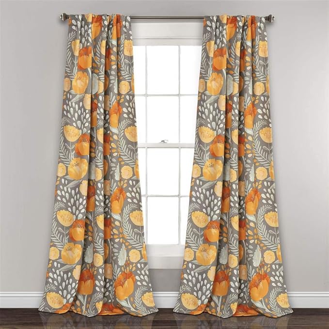 Lush Decor x 52” Yellow and Gray Poppy Garden Curtains Light Filtering Window Set for Living, Dining, Bedroom, 95 in L Panel Pair, Yellow & Gray