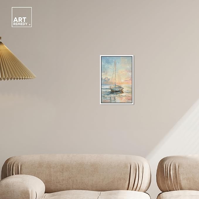 Art Remedy Boat On The Shore Framed Sailing 1 Piece Canvas Wall Art, 11" x 16", White Frame