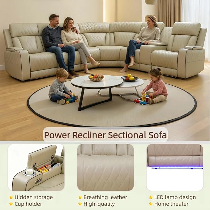 Power Reclining Sofa Set with LED Light, Living Room Furiture Set,Leather Reclining Sectional Couch with USB Port/Cup Holder for Living Room Home Office
