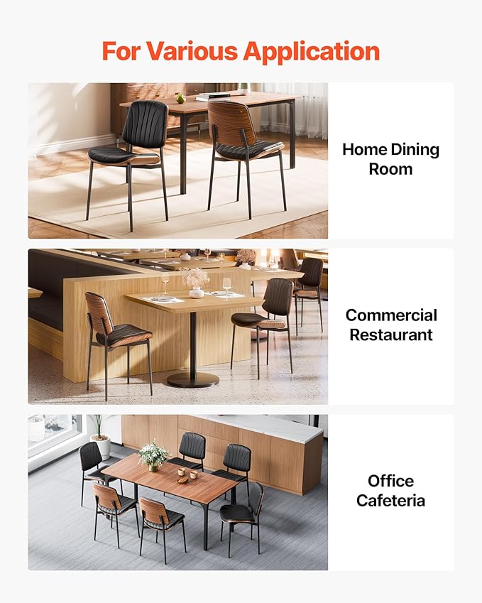 VEVOR Modern Dining Room Accent Chairs Set of 2, Upholstered Leather Side Chair for Dining Room, Space-Saving Kitchen Living Room Chair with Thick Cushions and Metal Legs, Black