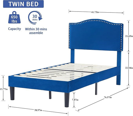 VECELO Twin Bed Frame, Platform Bed Frame with Adjustable Height Upholstered Headboard, Heavy-Duty Frame and Strong Wooden Slats Support, Non-Slip and Noise-Free, Easy Assembly, Dark Blue