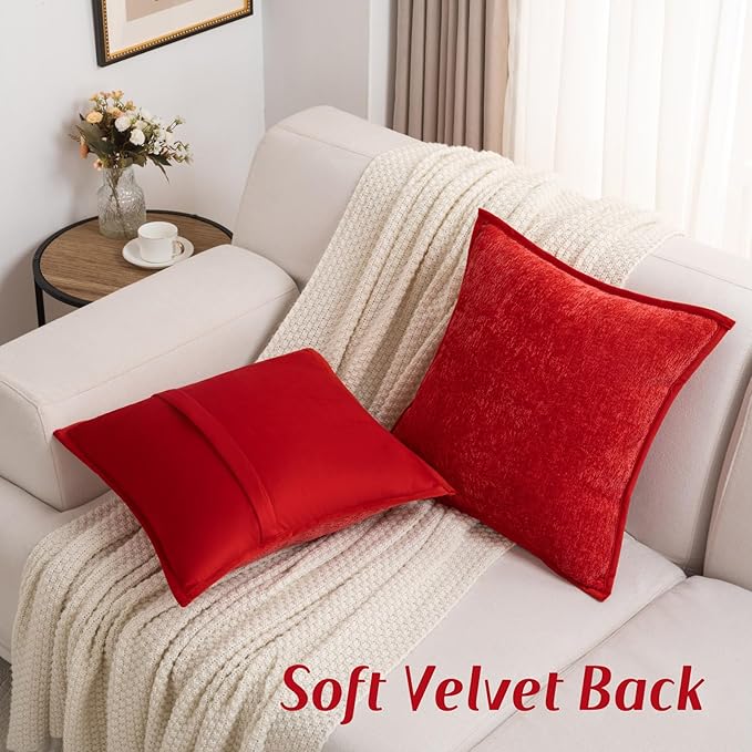 FUTEI Red Chenille Throw Pillow Covers 20x20 Inch Set of 2,Soft Cozy Bound Edge Design Cushion Case,Home Decor for Couch Bed Living Room