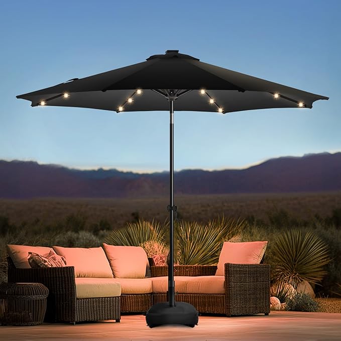 wikiwiki 9FT Solar Led Patio Umbrella with Base Included, 32 LED Lights, 8 Sturdy Ribs, Fade Resistant Waterproof POLYESTER DTY Canopy for Garden, Lawn, Deck, Backyard & Pool, Black