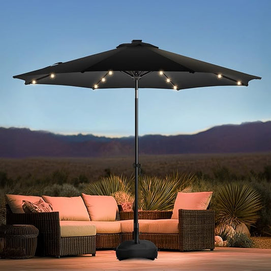 wikiwiki 9FT Solar Led Patio Umbrella with Base Included, 32 LED Lights, 8 Sturdy Ribs, Fade Resistant Waterproof POLYESTER DTY Canopy for Garden, Lawn, Deck, Backyard & Pool, Black