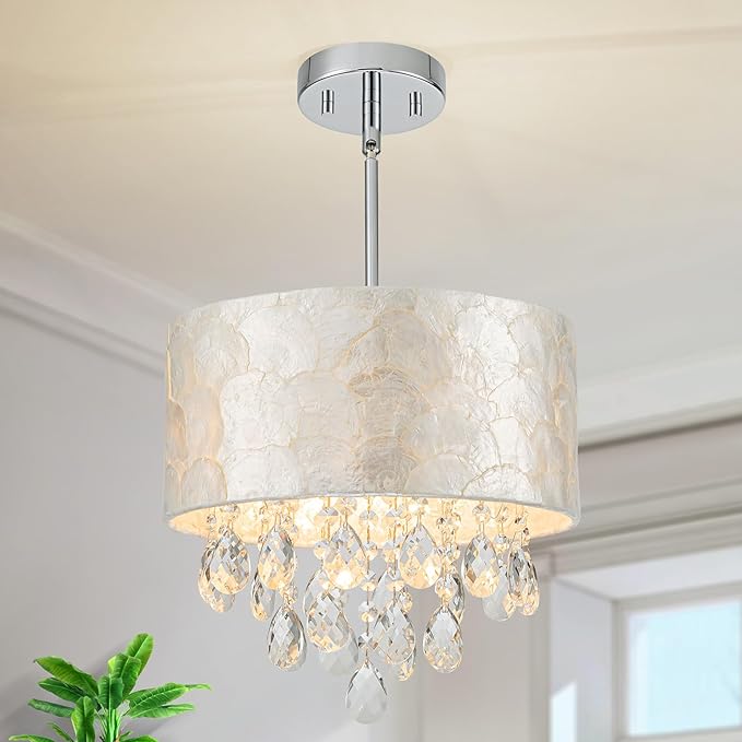 Small 3-Light Drum Capiz Shell Crystal Chandeliers, Coastal Style Pendant Light Fixture for Dining Room, Living Room, D12 x H19~49"(Adjustable), Shell Lampshade & Chrome Finish