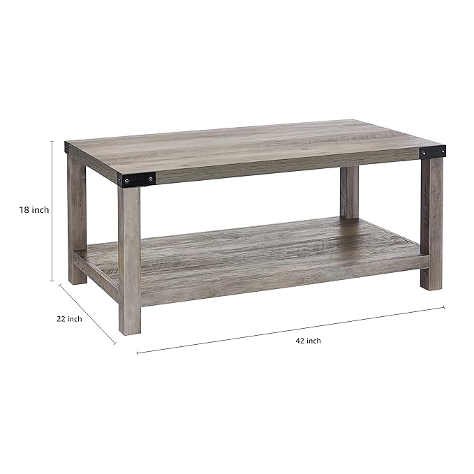 ROCKPOINT Furniture Barn Style Farmhouse Rectangle Accent Coffee Table, Grey wash