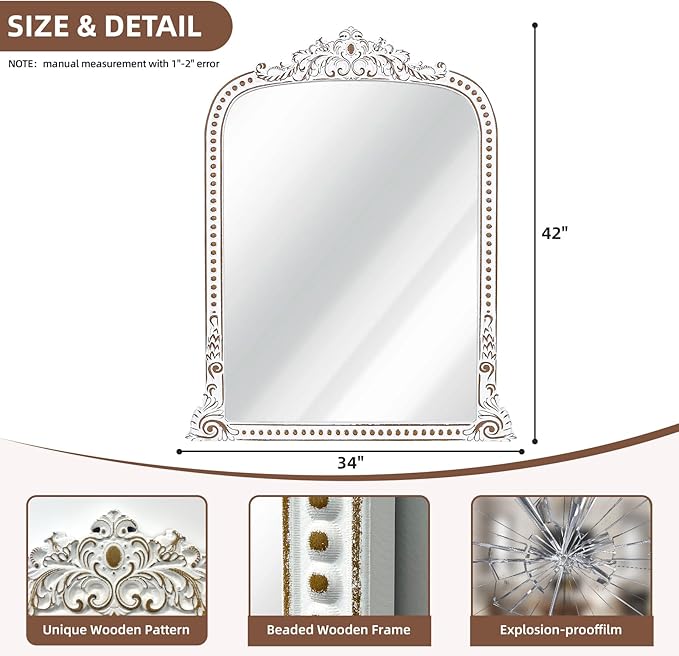 34x42 Inch Baroque Beaded Arched Wooden Wall Mirror, Ornate Rustic Farmhouse Decorative Mirror for Entryway, Fireplace Mantel, Living Room, Bathroom