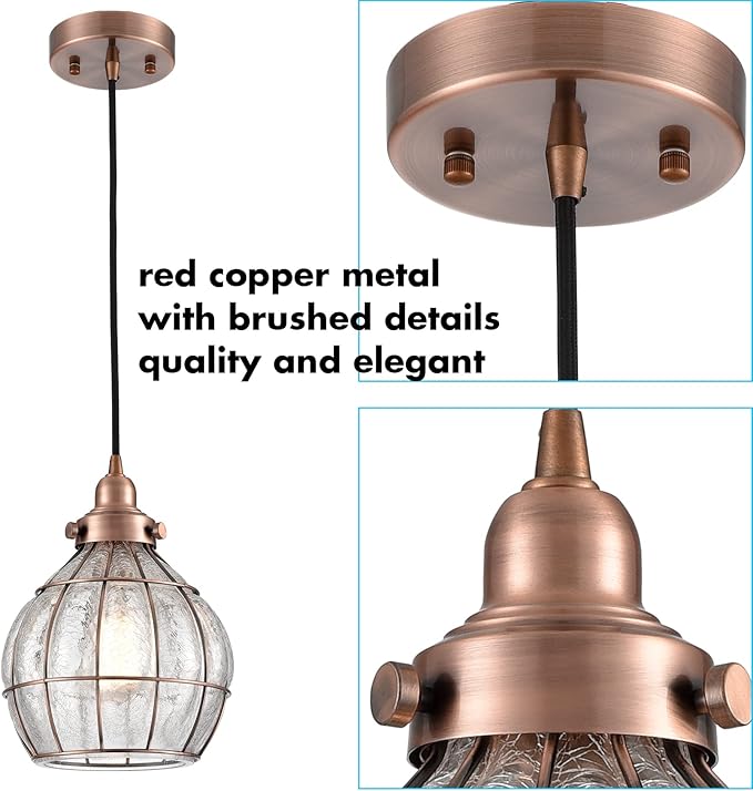 YUBOLE Glass Pendant Light Red Antique Copper Dimmable Kitchen Hanging Light Fixture Cracked Glass Shade Lighting for Dining Table Foyer Bedroom