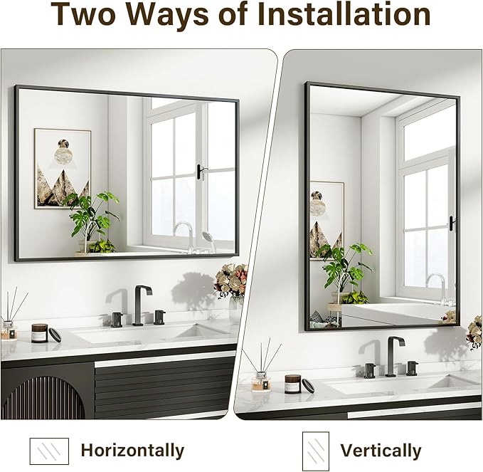 HARRITPURE 24"x32" Framed Bathroom Mirror for Wall Rectangle Mirror Aluminum Alloy Frame Wall-Mounted for Farmhouse Entryway Bedroom Living Room Black