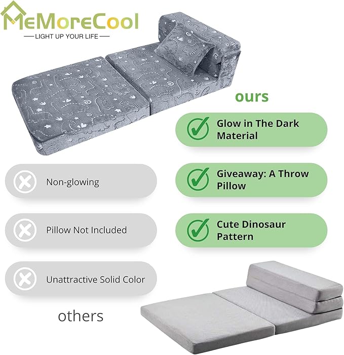 MeMoreCool Kids Floor Mattress Glow in The Dark, Convertible Sofa Couch, Folding Futon Chair Bed for Kids Playroom (Glowing Dinosaur)