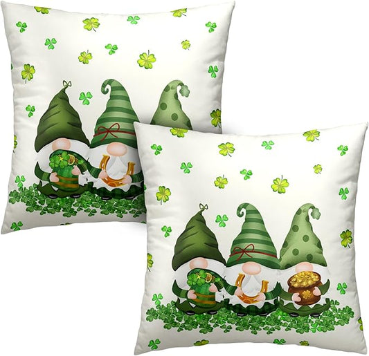 St Patricks Day Pillow Covers 18x18 Set of 2 Green Clover Shamrocks Throw Pillow Covers Lucky Gnomes Pillow Cases for Couch Sofa Spring March Holiday Home Decor