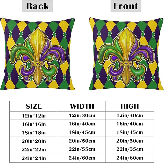 Mardi Gras Pillow Covers 24x24 Set of 2 Purple Gold Green Fleur De Lis Outdoor Throw Pillow Covers Holiday Farmhouse Cushion Covers for Home Sofa Couch Party Decor