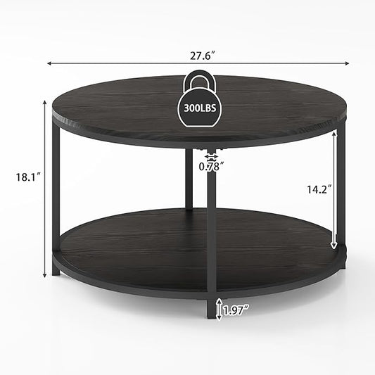 NSdirect Round Coffee Table, 27.6" Small Coffee Table for Living Room,2-Tier Rustic Wood Desktop with Storage Shelf Modern Design Home Furniture(Black)