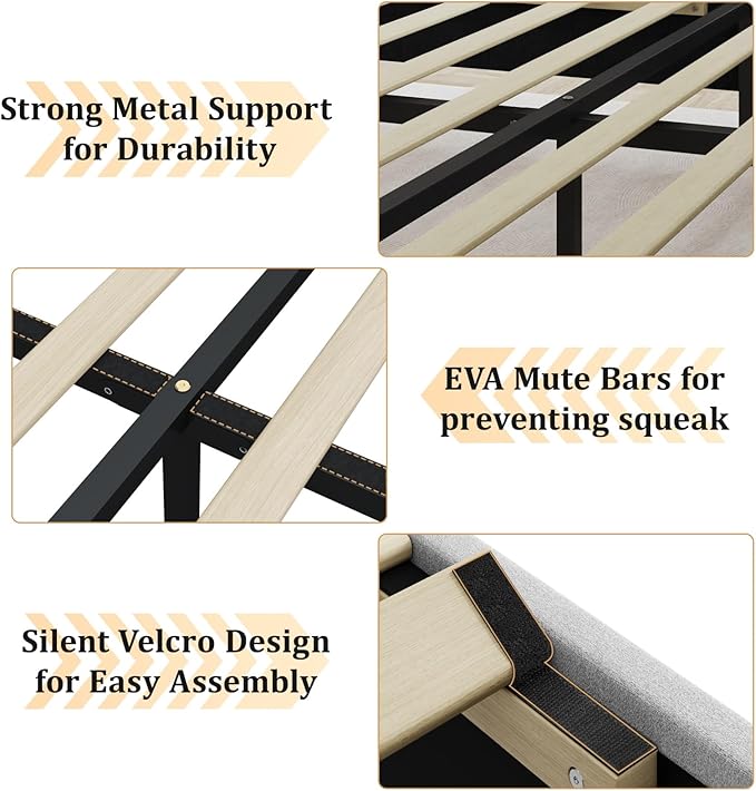 Full Size Bed Frame with Velvet Upholstered Headboard, Platform Bed Frame No Box Spring Needed, Modern Bedframe with Strong Wooden Slats, Light Gray