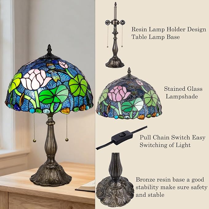 Tiffany Table Lamp, Flower Stained Glass Lamp,12 Inch Tiffany Style Lamp for Bedroom Living Room Home, Handcrafted Light, Included Bulb