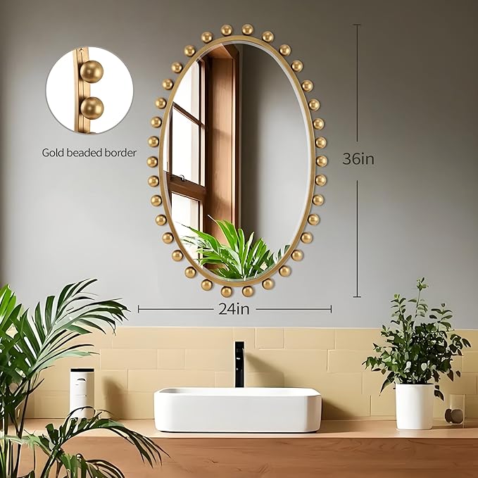 24"x36"Oval Wall Mounted Bathroom Mirror with Beveled Glass, Antique Gold Beaded Ball Frame, Vertical & Horizontal Hanging Vanity Wall Mirror for Bathroom, Bedroom, Entryway, Dressing Room