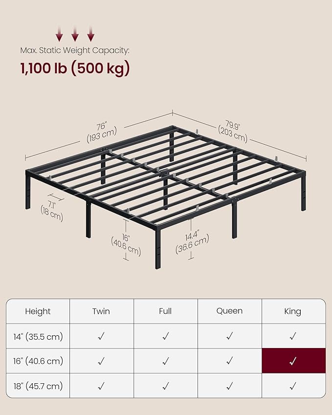 VASAGLE King Metal Bed Frame 16 Inches Tall, 1100 lb Weight Capacity, No Box Spring Needed, with Under-Bed Storage, Easy Setup, Heavy-Duty Platform Bed, Mattress Retainers, Matte Black URMB664BD02S