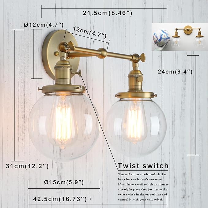 PERMO Double Sconce Vintage Antique 2 Lights Vantiy Light Brass Gold Dual Wall Sconces with 5.9" Round Clear Glass Globe Shade for Living Room Dining Room Kitchen Bedroom