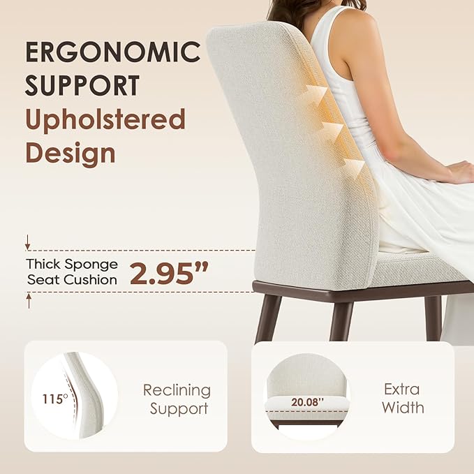 Upholstered Dining Chairs Set of 2, Modern Kitchen Chairs with High Back, Padded Fabric Dining Room Chair with Solid Wood Legs for Restaurant/Cafe/Home, Beige