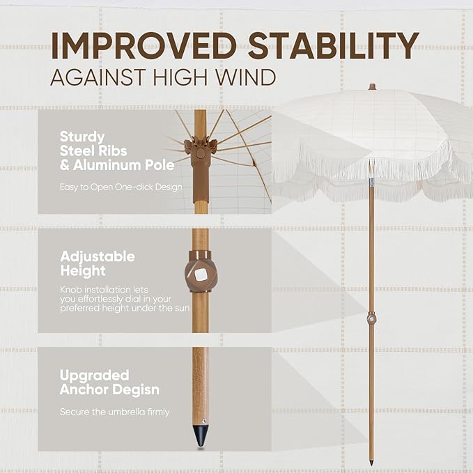 Tempera 7ft Outdoor Patio Umbrella with Carry Bag,Beach Umbrella with Fringe|Vintage Tassel Umbrella with Prime Steel Pole and Ribs Push Button Tilt,Ideal for Garden Lawn,UPF50+,Cream Grid