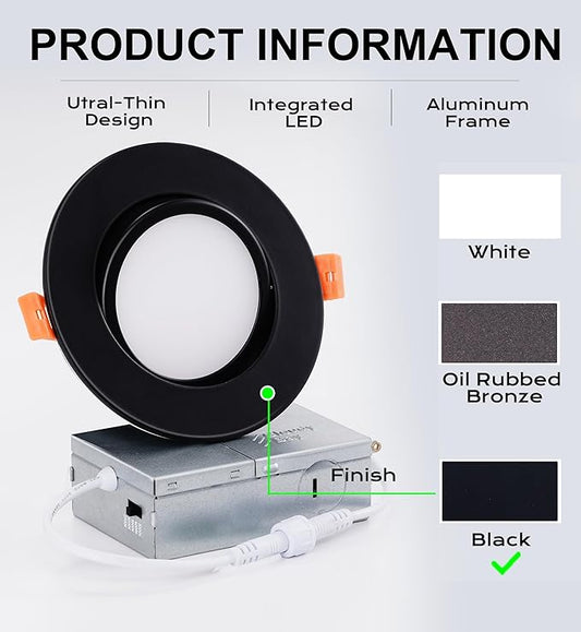 CLOUDY BAY [4 Pack] 4 inch 5 Color Swivel LED Gimbal Recessed Light with Junction Box IC Rated Air Tight,120V CRI90+,2700K/3000K/3500K/4000K/5000K Selectable,Black