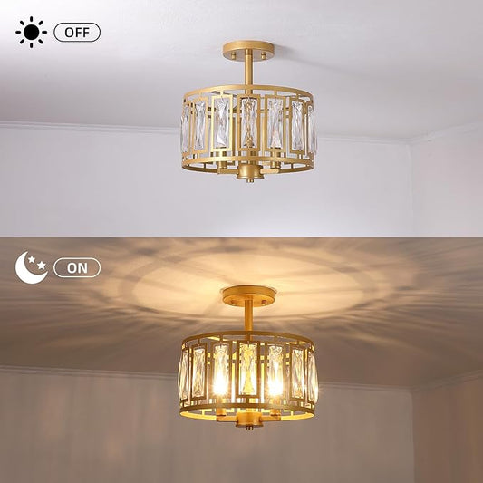 Gold Semi Flush Mount Ceiling Light, 3-Light Modern Brass Ceiling Fixture with K9 Crystals, Bedroom Light Fixture, Semi Flush Mount Ceiling Lights