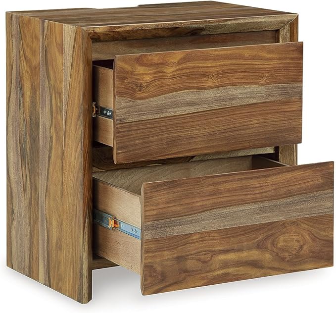 Signature Design by Ashley Dressonni Contemporary Velvet-Lined 2 Drawer Nightstand with Power Supply, USB-A and USB-C Ports, 26" Tall, Light Brown