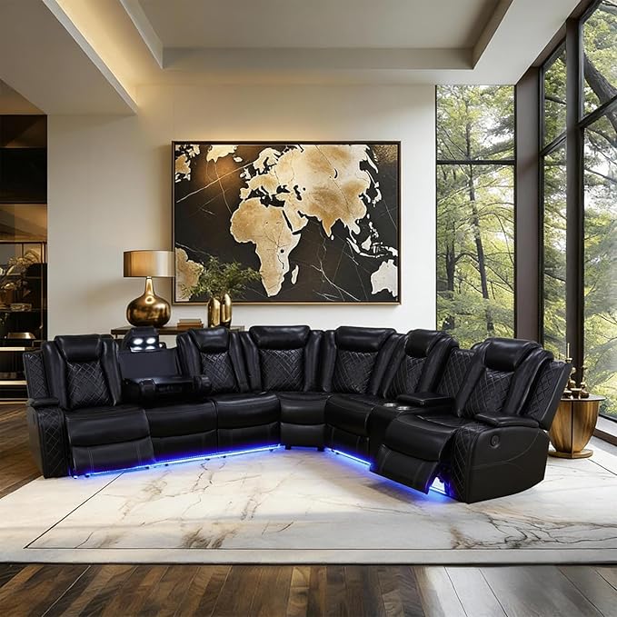 Power Reclining Sectional Couch for Living Room, Black Leather Sectional Sofa Set with Recliner, LED Lights, Storage Console, Cup Holders, USB Charging, Home Theater Seating for Family Room
