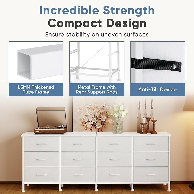 DUMOS TV Stand for Bedroom with Storage TV Stands for Living Room White, 12 Drawer Dresser Farmhouse Entertainment Center for up to 80 Inch TVs, Media Console Table with Metal Frame Adjustable Feet